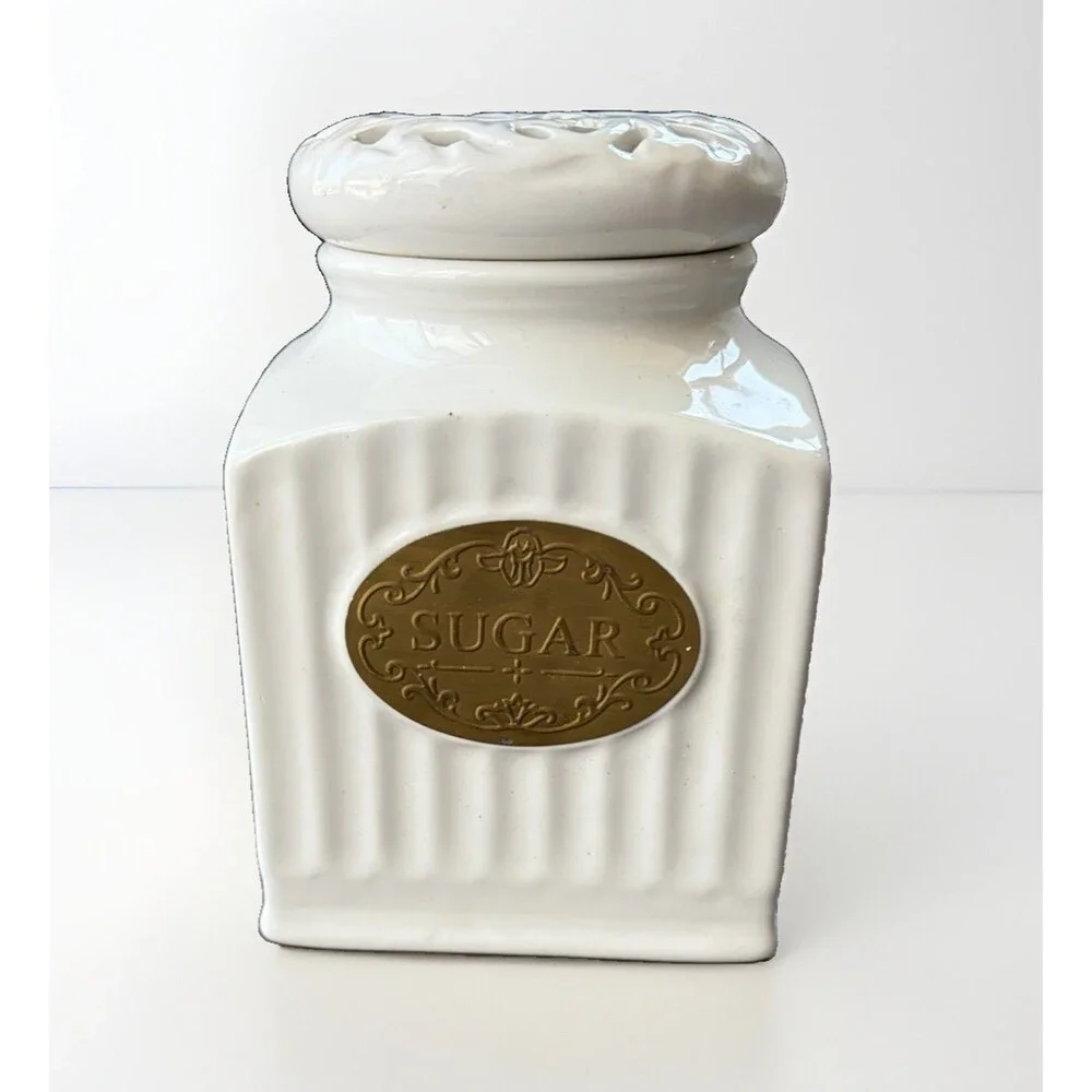 THL White Ceramic Sugar Canister Jar French Country Farmhouse Lattice Lid Bronze